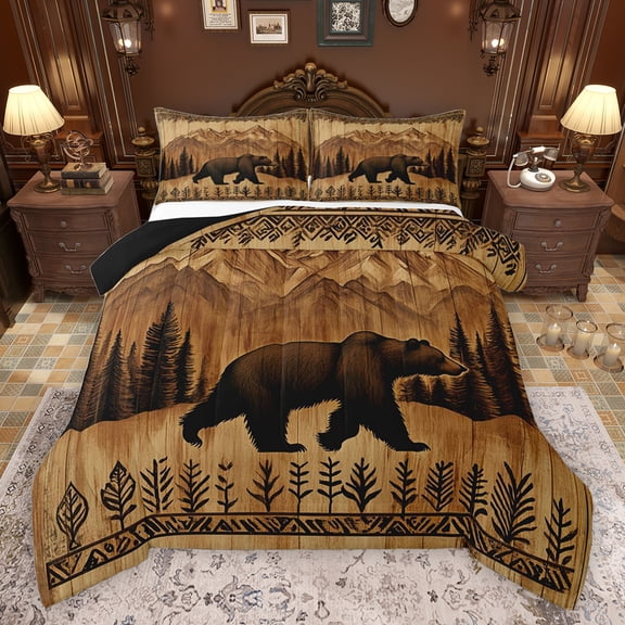 jejeloiu Wild Bear Bedding Comforter Set,Rustic Farmhouse Twin Comforter Sets,Brown Bohemian Flowers Bedding Set For Boys Kids,Ultra Soft Home Decor Reversible,2 Pieces