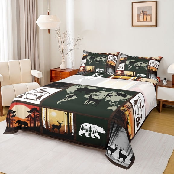 jejeloiu Wild Bear Deer Bed Sheets,Happy Camping King Sheets For Men Women 4pcs