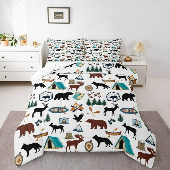 jejeloiu Wild Bear Deer Full Size Comforter Sets,Jungle Animal Bedding Comforter Set,Happy Camping Bedding Sets,Luxury Bedroom Decor Reversible,3pcs