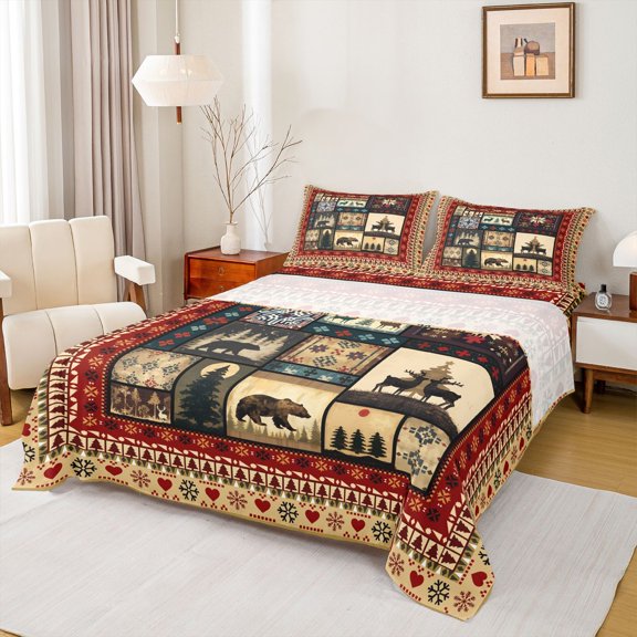 jejeloiu Wild Bear Deer Queen Sheet Sets,Cute Loves Snowflake Flat Sheet,Red Brown Beige Queen Fitted Sheet For Boys Kids,Ultra Soft Home Decor,4 Pieces