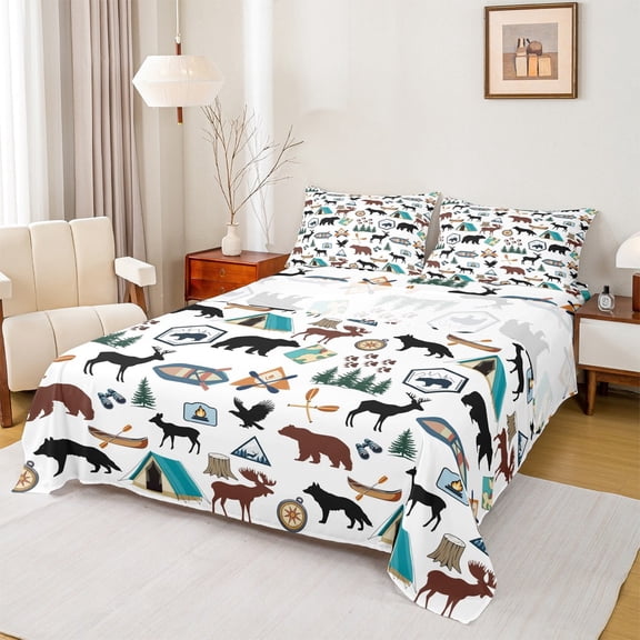 jejeloiu Wild Bear Deer Queen Sheet Sets,Jungle Animal Flat Sheet,Happy Camping Queen Fitted Sheet,Luxury Bedroom Decor,4-Piece