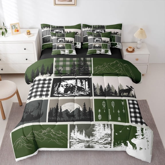 jejeloiu Wild Bear Elk Bedding Comforter Set 7-Piece,Woodland Animal King Bedding Sets,Rustic Farmhouse Cabin Bed Sheets For Teens,Breathable Room Decoration Reversible