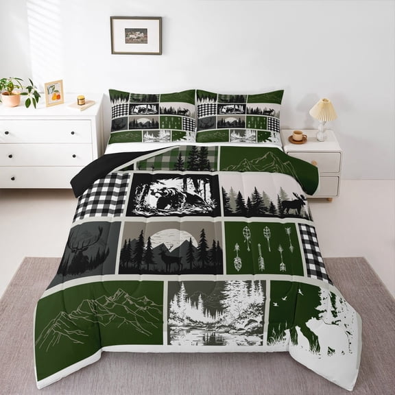 jejeloiu Wild Bear Elk Full Size Comforter Sets,Woodland Animal Bedding Comforter Set,Rustic Farmhouse Cabin Bedding Sets For Teens,Breathable Room Decoration Reversible,3pcs