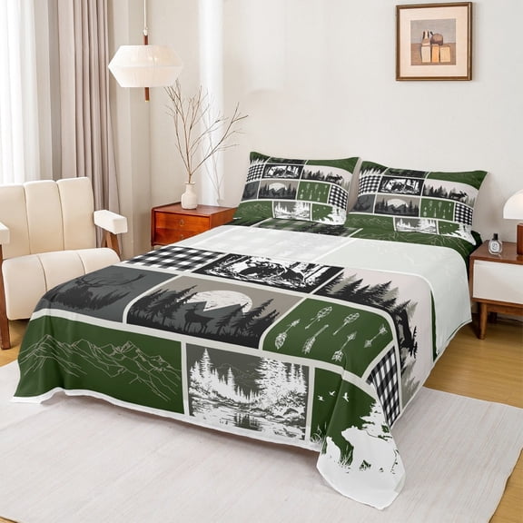 jejeloiu Wild Bear Elk Twin Sheet Sets,Woodland Animal Twin Fitted Sheet,Rustic Farmhouse Cabin Flat Sheet For Teens,Breathable Room Decoration,3 Pieces