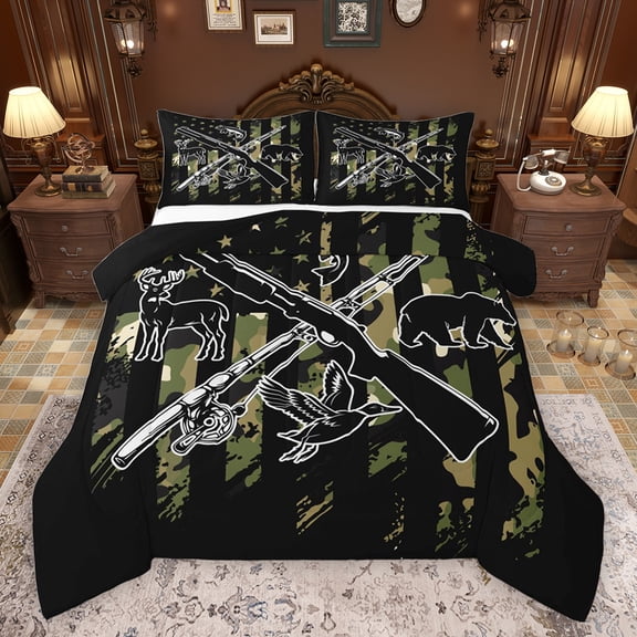 jejeloiu Wild Bear Moose Bedding Comforter Set,Fishing And Hunting Twin Comforter Sets,Retro Camouflage Pattern Bedding Set For Boys Kids,Microfiber Bedroom Decor Reversible,2-Piece