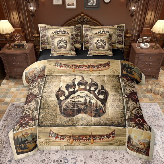 jejeloiu Wild Bear Paws 7-Piece Twin Bedding Sets,Rustic Farmhouse Bedding Comforter Set,Brown Bohemian Aztec Sheet Sets For Boys Kids,Ultra Soft Home Decor Reversible