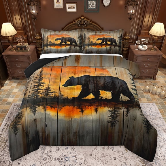 jejeloiu Wild Bear Queen Comforter Set,Rustic Farmhouse Bedding Sets,Orange Sunset Sun Bedding Comforter Set For Boys Kids,Ultra Soft Home Decor Reversible,3-Piece