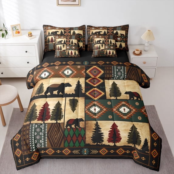 jejeloiu Wild Bear Twin Bedding Sets 7-Piece,Jungle Animal Bedding Comforter Set,Retro Aztec Geometric Sheet Sets For Boys,Microfiber Bedroom Decor Reversible