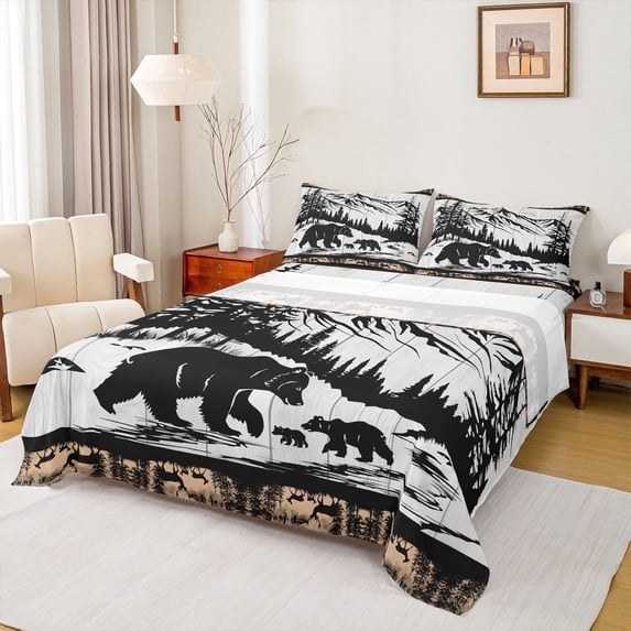 jejeloiu Wild Bear Twin Sheet Sets,Jungle Animal Twin Fitted Sheet,Snow Mountain Pine Flat Sheet For Teens,Ultra Soft Home Decor,3-Piece
