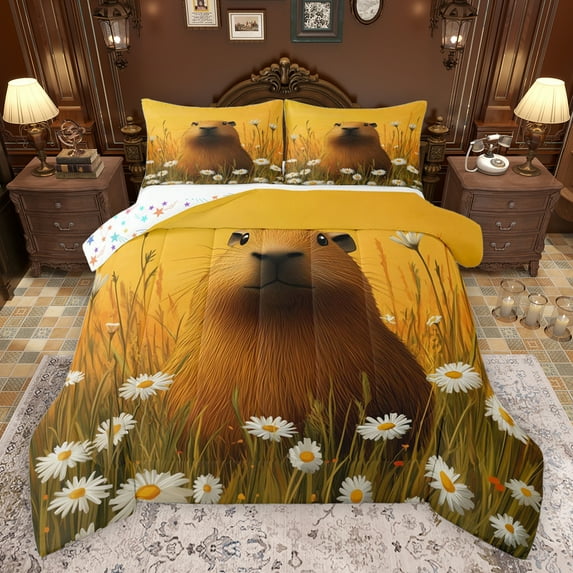 jejeloiu Wild Capybara Full Size Comforter Sets,Rustic Daisy Flower Bedding Comforter Set,Country Floral Bedding Sets For Teens,Breathable Home Decor Reversible,3 Pieces