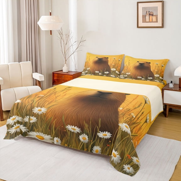 jejeloiu Wild Capybara Twin Sheet Sets,Rustic Daisy Flower Twin Fitted Sheet,Country Floral Flat Sheet For Teens,Breathable Home Decor,3-Piece