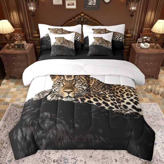 jejeloiu Wild Cheetah 7-Piece Twin Bedding Sets,Woodland Animal Bedding Comforter Set,Black Brown Sheet Sets For Adults,Ultra Soft Home Decor Reversible