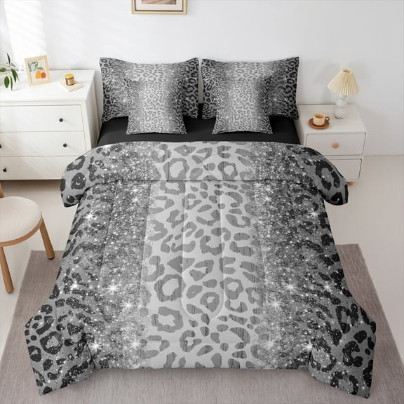 jejeloiu Wild Cheetah Pattern 7-Piece Twin Bedding Sets,Gray Sequin Print Bedding Comforter Set,Jungle Animal Sheet Sets For Boys Girls,Super Cozy Room Decor Reversible
