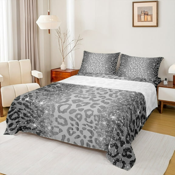 jejeloiu Wild Cheetah Pattern Bed Sheets,Gray Sequin Print King Sheets,Jungle Animal Sheet Set For Boys Girls,Super Cozy Room Decor,4pcs