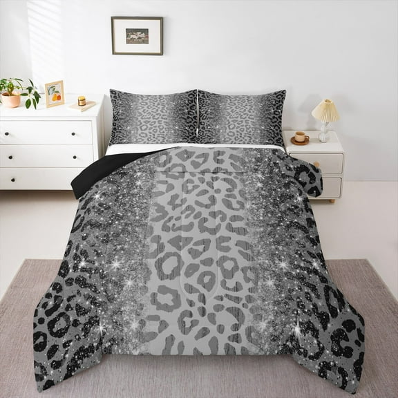 jejeloiu Wild Cheetah Pattern Bedding Comforter Set,Gray Sequin Print Twin Comforter Sets,Jungle Animal Bedding Set For Boys Girls,Super Cozy Room Decor Reversible,2pcs