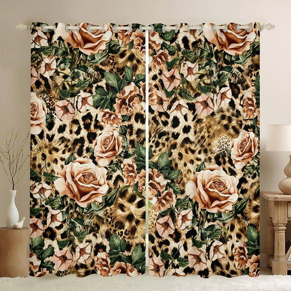 jejeloiu Wild Cheetah Pattern Black Out Curtains,Rustic Rose Flower Curtains Pack of 2 (42x63 Each),Retro Leopard Print Bedroom Curtains For Boys Girls,Super Cozy Room Decor