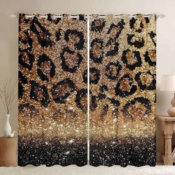 jejeloiu Wild Cheetah Pattern Blackout Curtains Set of 2 (52x84 Each),Gold Glitter Print Window Curtains,Jungle Animal Curtains and Drapes For Boys Girls,Super Cozy Room Decor