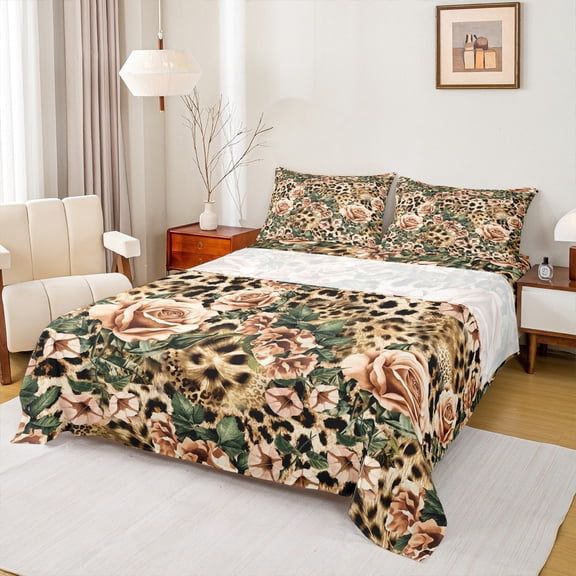 jejeloiu Wild Cheetah Queen Sheet Set,Rustic Rose Retro Leopard,Cozy Decor For Kids,4-Piece