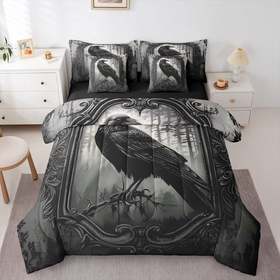 jejeloiu Wild Crow Bedding Comforter Set 7-Piece,Dark Style King Bedding Sets,Black Raven Bed Sheets For Men Women,Ultra Soft Home Decor Reversible