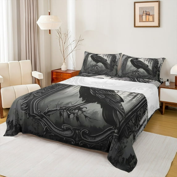 jejeloiu Wild Crow Twin Sheet Sets,Dark Style Twin Fitted Sheet,Black Raven Flat Sheet For Men Women,Ultra Soft Home Decor,3-Piece