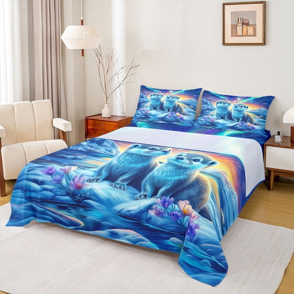jejeloiu Wild Cute Otter Twin Sheet Sets,Colorful Aurora Bedding For Girls Boys 3pcs
