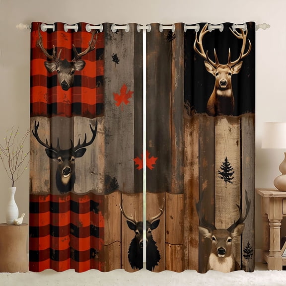 jejeloiu Wild Deer Black Out Curtains,Rustic Farmhouse Curtains Pack of 2 (42x63 Each),Patchwork Geometric Grid Bedroom Curtains For Boys Kids,Ultra Soft Home Decor