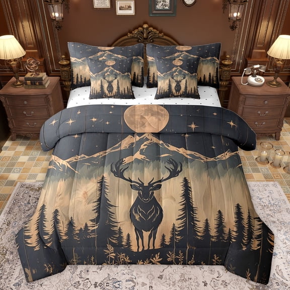 jejeloiu Wild Deer Elk 7-Piece Bedding Comforter Set,Rustic Farmhouse Cabin King Bedding Sets,Black Brown Bed Sheets For Boys Kids,Ultra Soft Home Decor Reversible
