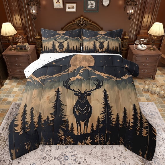 jejeloiu Wild Deer Elk Queen Comforter Set,Rustic Farmhouse Cabin Bedding Sets,Black Brown Bedding Comforter Set For Boys Kids,Ultra Soft Home Decor Reversible,3pcs