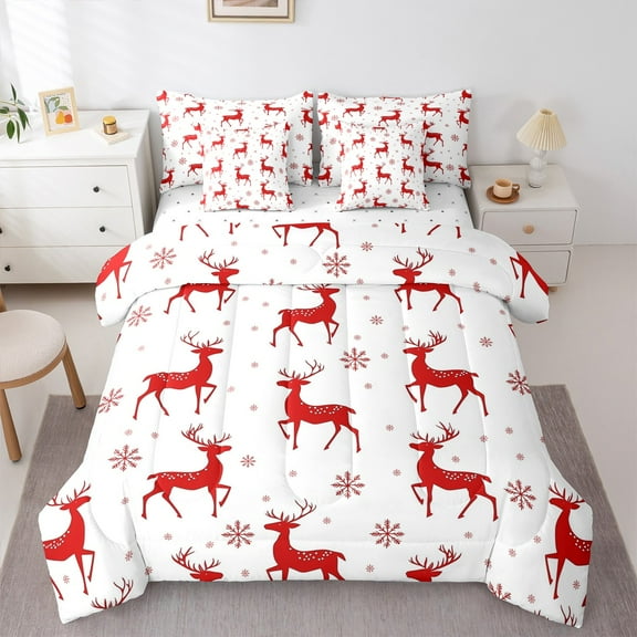 jejeloiu Wild Deer Twin Bedding Sets 7-Piece,Jungle Animal Bedding Comforter Set,Merry Christmas Snowflake Sheet Sets For Girl,Red White Home Decor Reversible