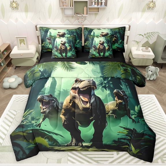 jejeloiu Wild Dino Animals 7 Pieces Bedding Comforter Set,Tropical Boysnical Tree Full Bedding Set,Green Plam Leaves Fitted Sheet Flat Sheet For Teens,Super Cozy Room Decor Reversible