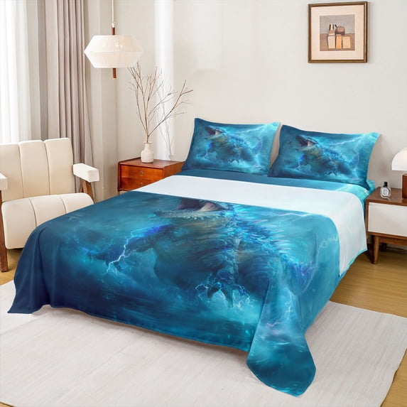 jejeloiu Wild Dinosaur Dino Bed Sheets,Abstract Blue Lightning King Sheets For Bots Teens 4pcs