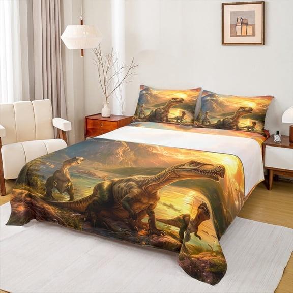 jejeloiu Wild Dinosaur Queen Sheet Sets,Natural Scenery Mountain Flat Sheet,Jungle Wildlife Queen Fitted Sheet For Boys Kids,Breathable Bedroom Decorative,4-Piece