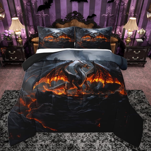 jejeloiu Wild Dragon Bedding Comforter Set,Magic Cartoon Animal Twin Comforter Sets,Black Orange Bedding Set For Boys Kids,Microfiber Bedroom Decor Reversible,2pcs