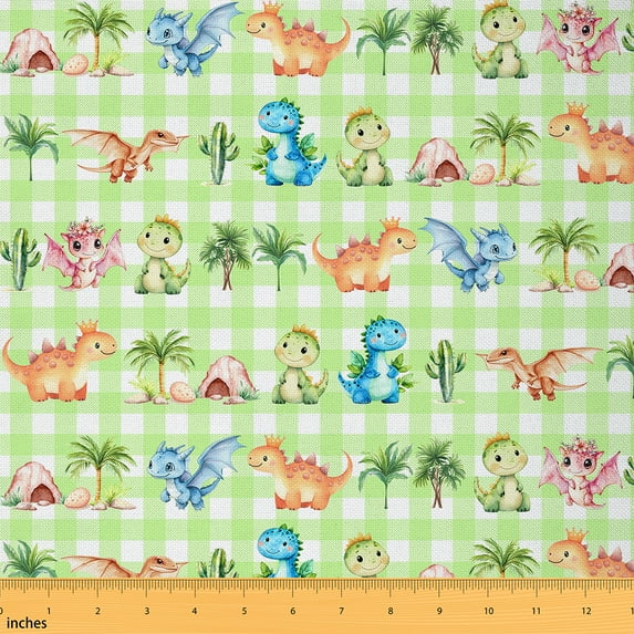 jejeloiu Wild Dragon Dinosaur Fabric by the Yard 1 Yard,Tropical Monstera Cactus Home Decor Fabric by the Yard,Green Geometric Plaid Sewing Fabric For Children,Breathable Home Decor