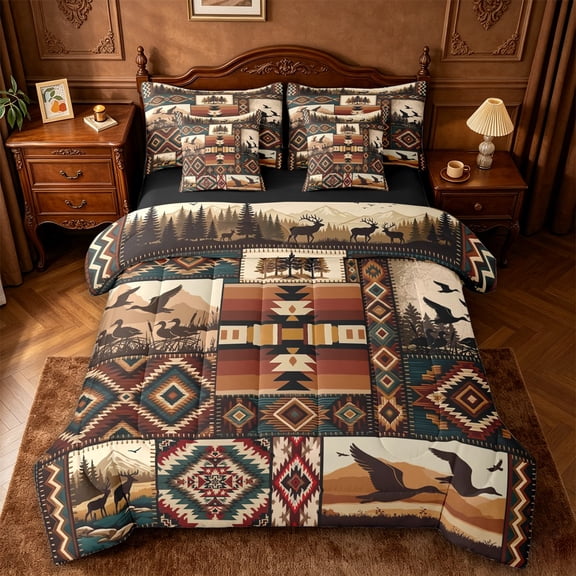 jejeloiu Wild Duck 7 Pieces Full Size Bedding Sets,Patchwork Pattern Full Size Bed in a Bag For Boys,Rustic Multi,Black Reversible