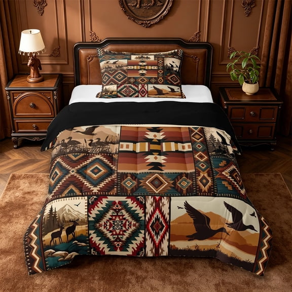 jejeloiu Wild Duck Twin Comforter Sets,Patchwork Pattern Bedding Set For Boys,Rustic Multi,Black Reversible,2pcs,1 Comforter and 1 Pillowcase