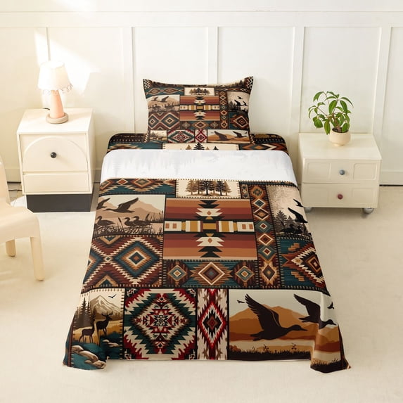 jejeloiu Wild Duck Twin Sheets,Patchwork Pattern Bedding For Boys,Rustic Multi,3pcs,1 Fitted Sheet and 1 Pillowcase