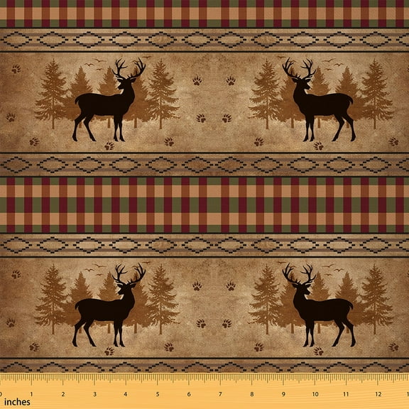 jejeloiu Wild Elk Fabric by the Yard 1 Yard,Jungle Animal Home Decor Fabric by the Yard,Rustic Plant Pine Sewing Fabric For Boys Kids,Ultra Soft Home Decor