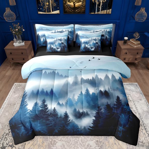 jejeloiu Wild Flying Animal 7 Pieces Bedding Comforter Set,Rustic Woodland Pine Full Bedding Set,Blue White Fitted Sheet Flat Sheet For Adult,Ultra Soft Home Decor Reversible