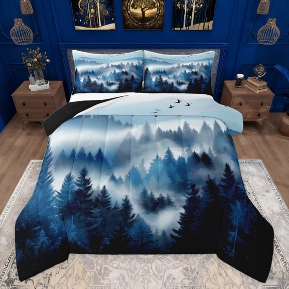 jejeloiu Wild Flying Animal Queen Comforter Set,Rustic Woodland Pine Bedding Sets,Blue White Bedding Comforter Set For Adult,Ultra Soft Home Decor Reversible,3 Pieces