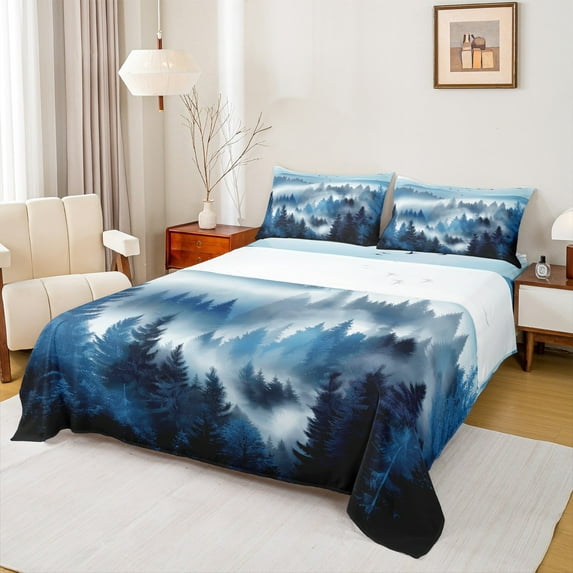 jejeloiu Wild Flying Animal Queen Sheet Sets,Rustic Woodland Pine Flat Sheet,Blue White Queen Fitted Sheet For Adult,Ultra Soft Home Decor,4 Pieces