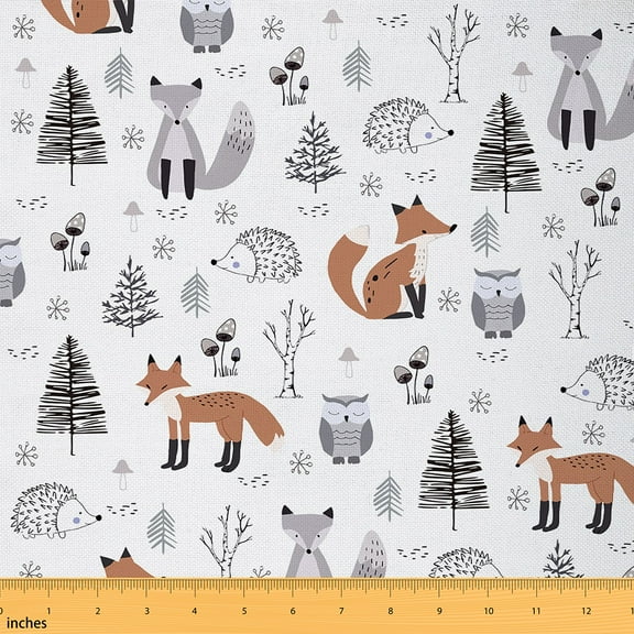 jejeloiu Wild Fox Owl Fabric by the Yard 3 Yards,Hedgehog Pine Tree Sewing Fabric,Orange Gray White Fabric for Sewing For Boys Teens,Super Cozy Room Decor