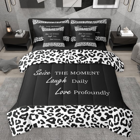 jejeloiu Wild Leopard Texture 7-Piece Twin Bedding Sets,Inspirational Quote Bedding Comforter Set,White Black Cheetah Pattern Sheet Sets For Adults,Luxury Bedroom Decor Reversible