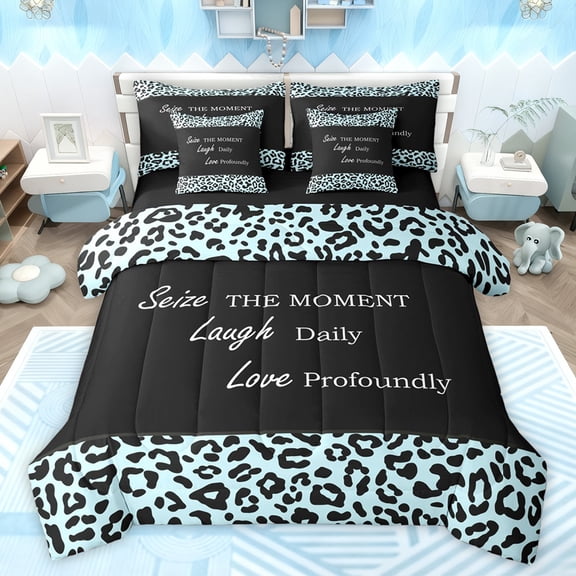 jejeloiu Wild Leopard Texture 7 Pieces Bedding Comforter Set,Inspirational Quote Full Bedding Set,Blue Black Cheetah Pattern Fitted Sheet Flat Sheet For Adults,Luxury Bedroom Decor Reversible