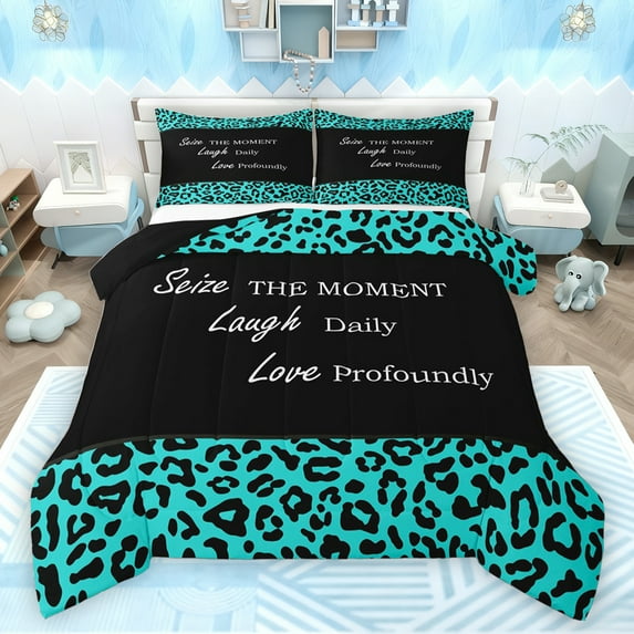 jejeloiu Wild Leopard Texture Queen Comforter Set,Inspirational Quote Bedding Sets,Cyan Black Cheetah Pattern Bedding Comforter Set For Adults,Luxury Bedroom Decor Reversible,3 Pieces