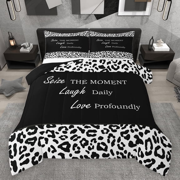 jejeloiu Wild Leopard Texture Queen Comforter Set,Inspirational Quote Bedding Sets,White Black Cheetah Pattern Bedding Comforter Set For Adults,Luxury Bedroom Decor Reversible,3pcs