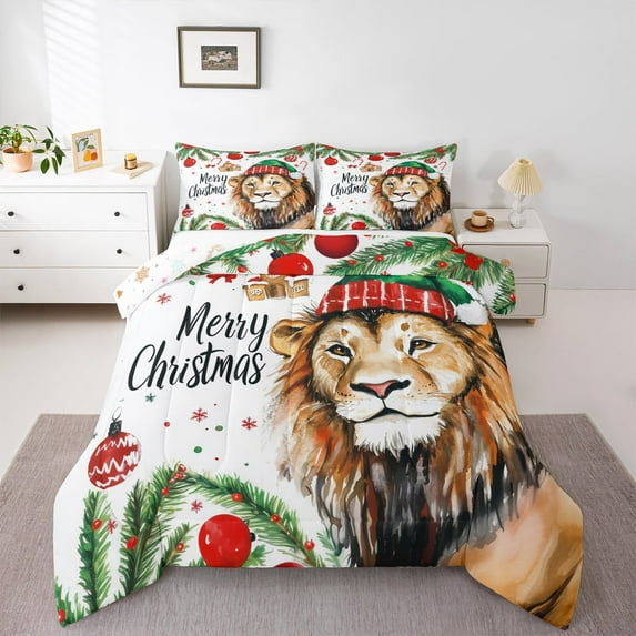 jejeloiu Wild Lions Full Size Comforter Sets,Merry Xmas Bedding Comforter Set,Red Christmas Ball Bedding Sets For Boys Kids,Ultra Soft Home Decor Reversible,3-Piece