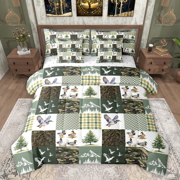 jejeloiu Wild Mallard Duck 7 Pieces Bedding Comforter Set,Rustic Farmhouse Camouflage Full Bedding Set For Kids Reversible