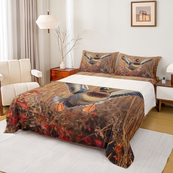 jejeloiu Wild Mallard Duck Bed Sheets,Hunting And Fishing King Sheets,Wildlife Duck Sheet Set For Men Women,Luxury Bedroom Decor,4-Piece