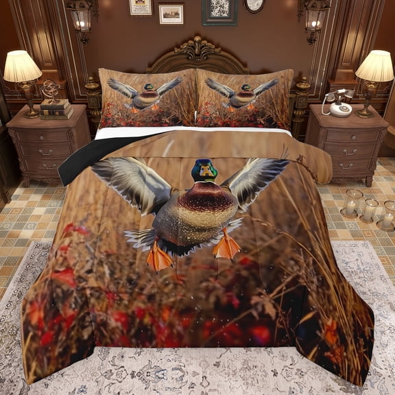 jejeloiu Wild Mallard Duck Queen Comforter Set,Hunting And Fishing Bedding Sets,Wildlife Duck Bedding Comforter Set For Men Women,Luxury Bedroom Decor Reversible,3pcs